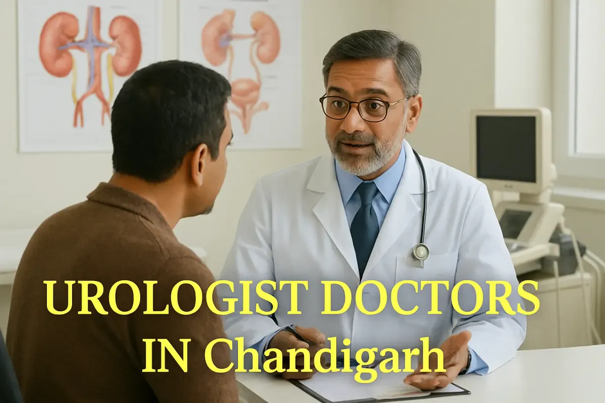 "Indian urologist consulting patient in Chandigarh clinic with kidney posters and bold title text overlay"
