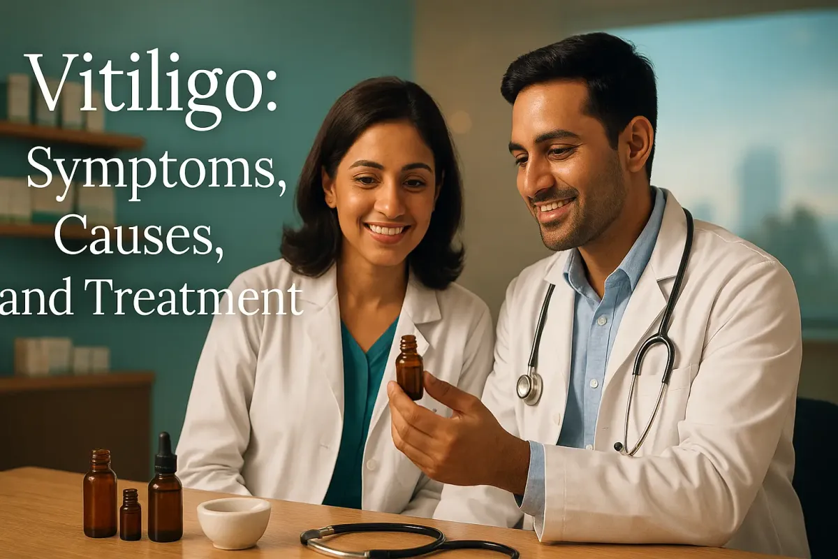 Two homeopathy doctors in a clinic discussing vitiligo treatment with remedy bottles on table and warm lighting.
