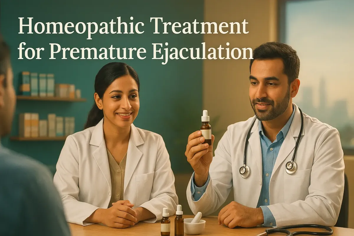 Two homeopathy doctors consulting a patient in a modern clinic, discussing treatment with remedy bottles and lighting.