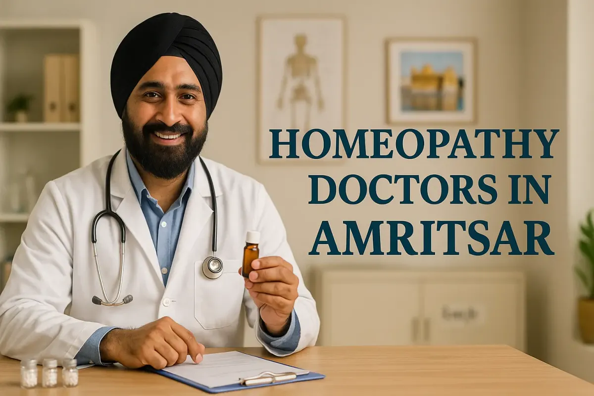 Smiling homeopathy doctor in Amritsar holding remedy bottle with clinic background and bold highlighted title.