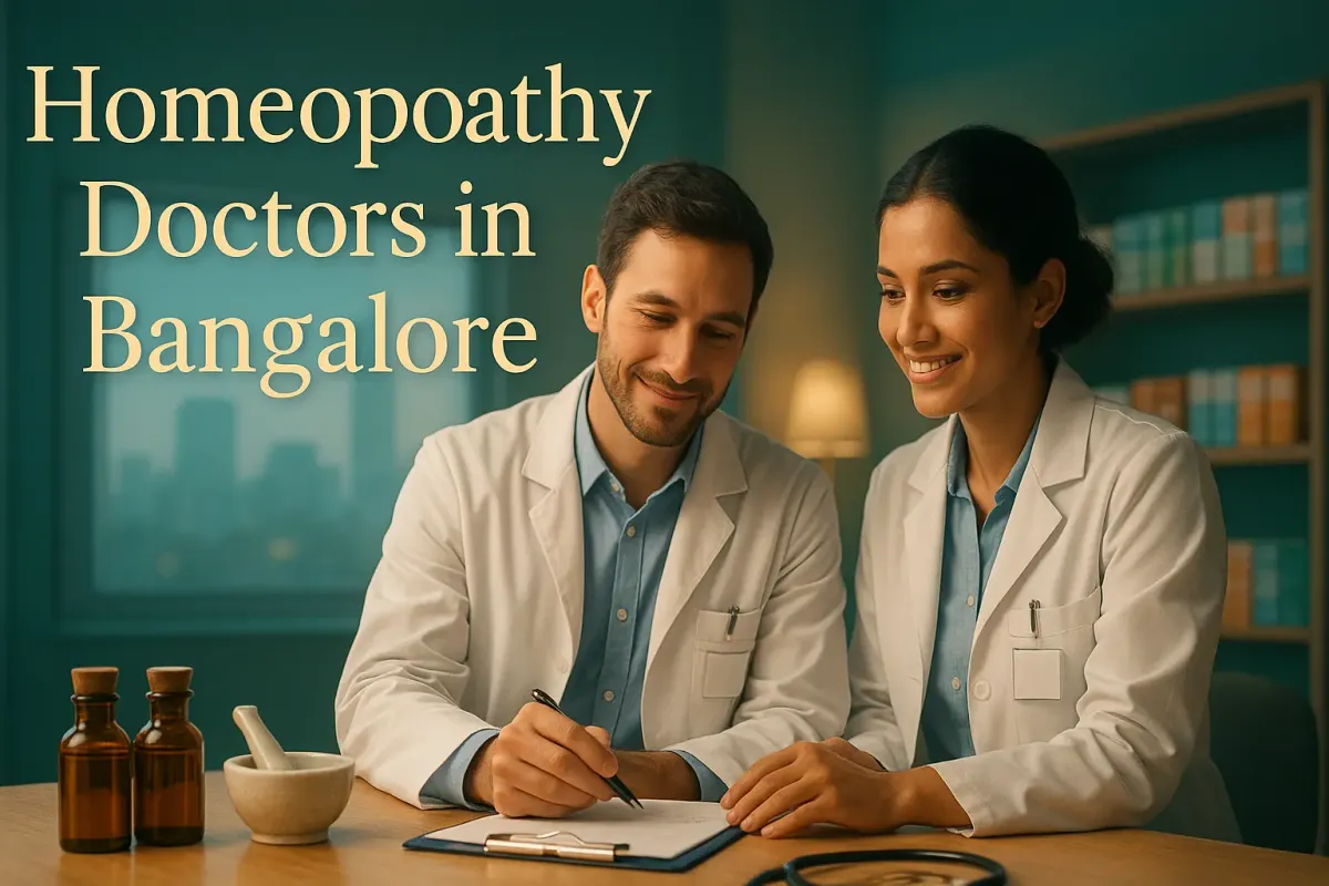 3D image of homeopathy doctors in Bangalore clinic with remedy bottles, mortar, and highlighted Lora-font title.
