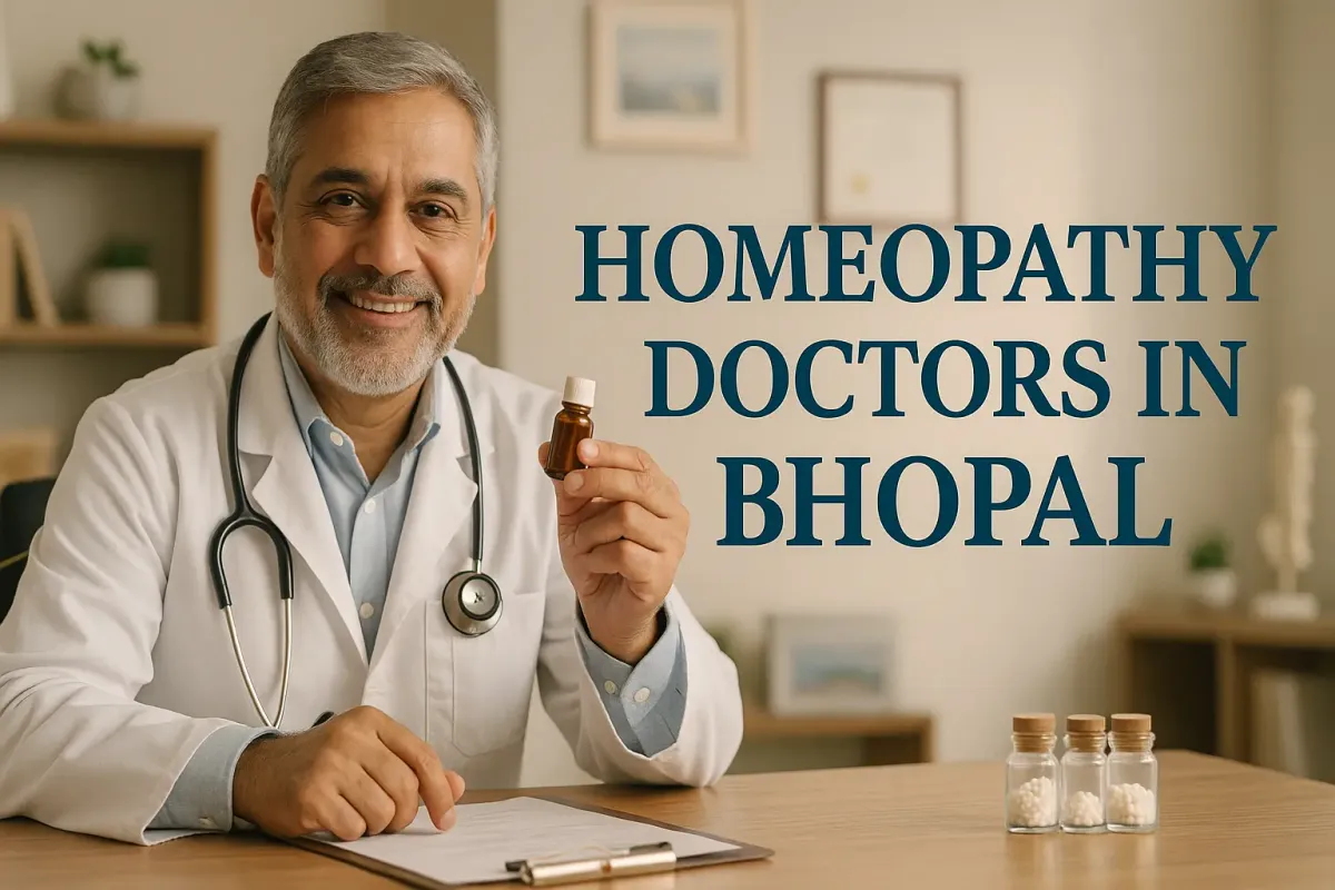 Smiling homeopathy doctor in Bhopal clinic holding medicine bottle with colorful 3D background and bold highlighted title.