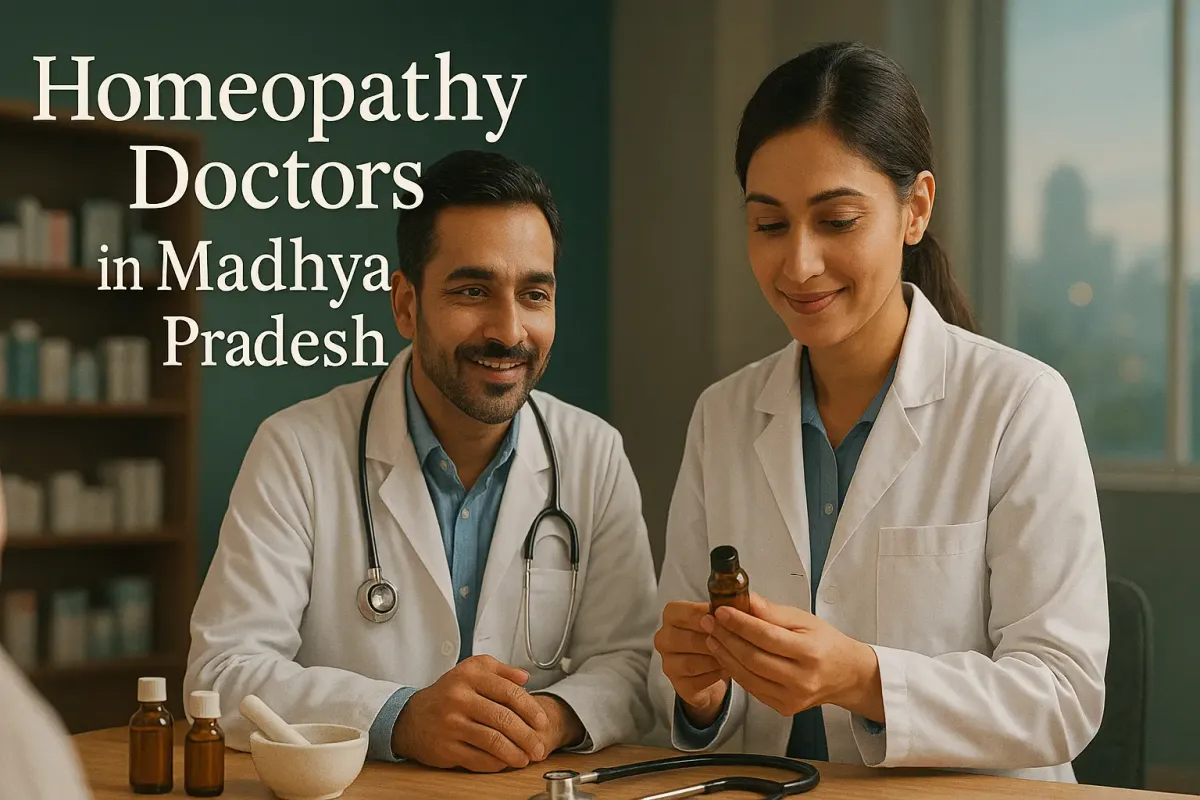 Two homeopathy doctors in white coats consulting in a modern Madhya Pradesh clinic with remedy bottles and warm lighting.