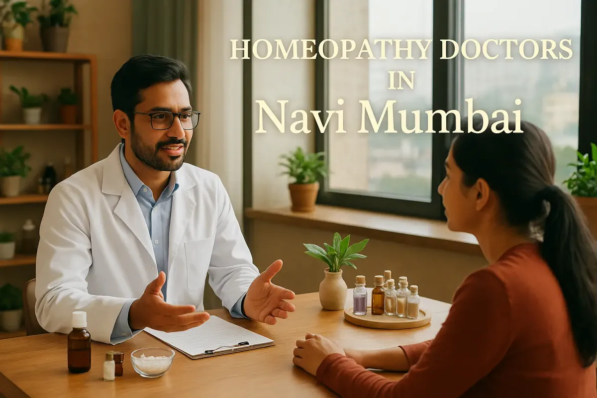 Homeopathy doctor in Navi Mumbai consulting patient in modern clinic with remedies on desk and highlighted Lora font text.