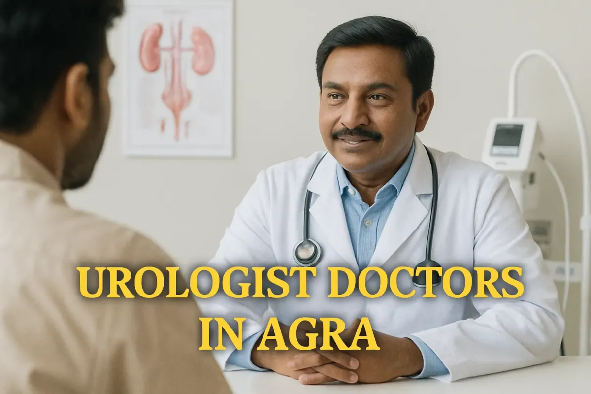 Indian urologist consulting a patient in modern Agra clinic, “UROLOGIST DOCTORS IN AGRA” in highlighted Lora font.