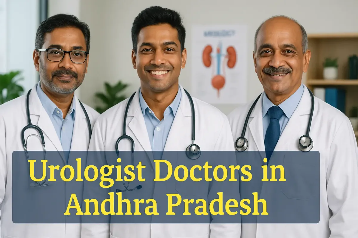 Three urologist doctors in Andhra Pradesh smiling in a modern clinic with urology poster in background.
