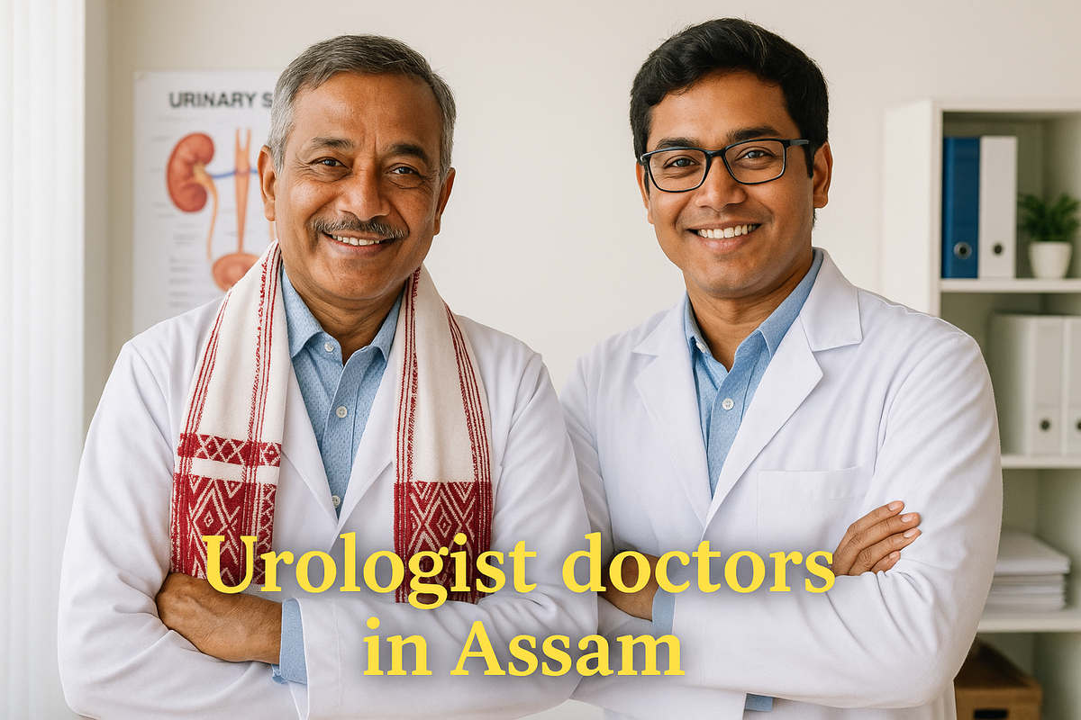 Two male urologist doctors in Assam smiling inside a modern clinic with a urinary system chart in the background.
