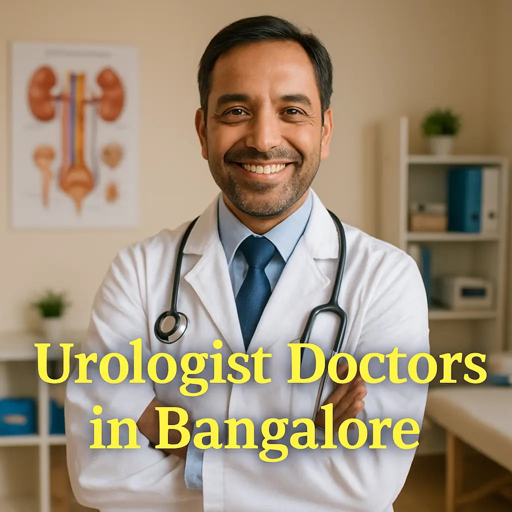 Urologist doctor in Bangalore clinic smiling with stethoscope and anatomical chart in background