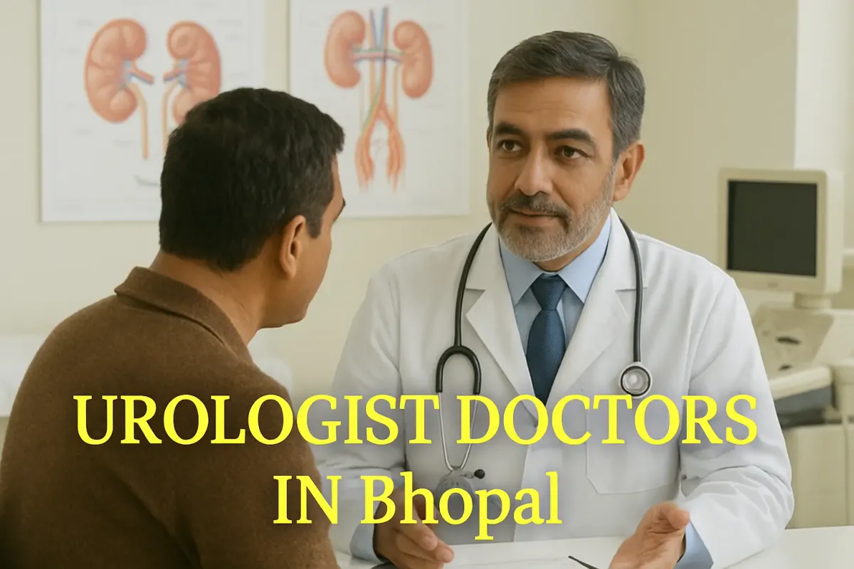 Indian urologist consulting patient in Bhopal clinic with kidney posters and highlighted text overlay on screen.