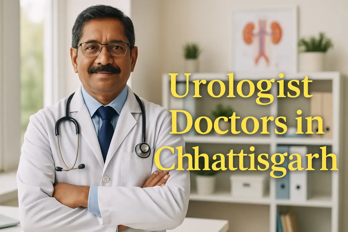 Middle-aged urologist in clinic with “Urologist Doctors in Chhattisgarh” highlighted in bold yellow Lora font.