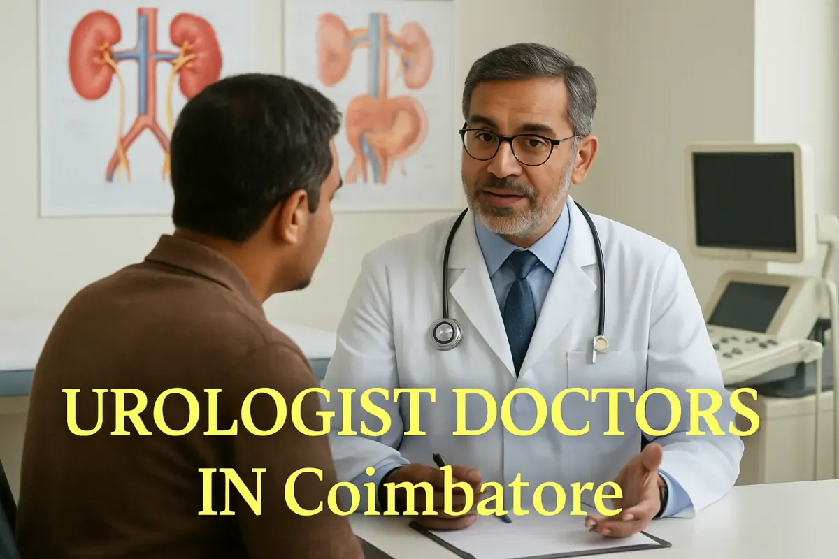 "Indian urologist consulting patient in Coimbatore clinic with kidney posters and bold title text overlay"
