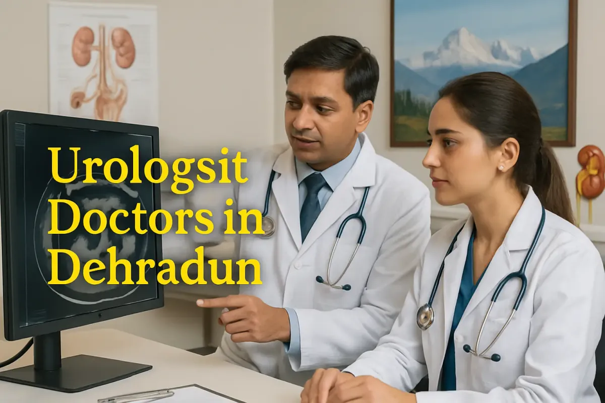 urologists in a Dehradun clinic reviewing a scan, with bold highlighted text “Urologist Doctors in Dehradun” in Lora font