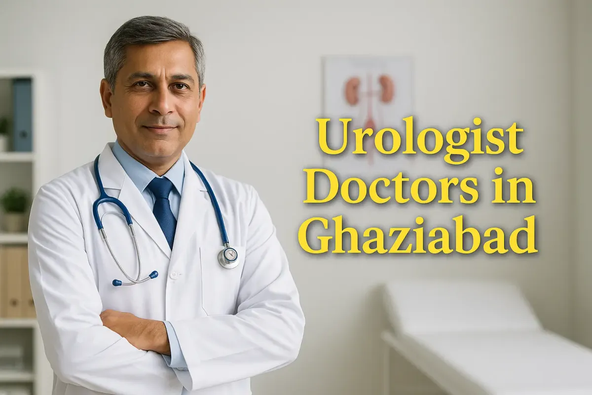 Confident male urologist in clinic with “Urologist Doctors in Ghaziabad” in bold yellow Lora font on clean white background.