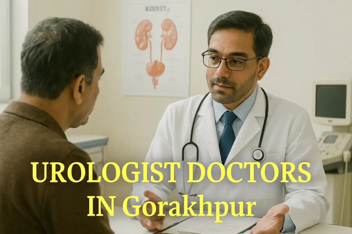Indian urologist consulting patient in Gorakhpur clinic with kidney poster and highlighted text overlay on screen.