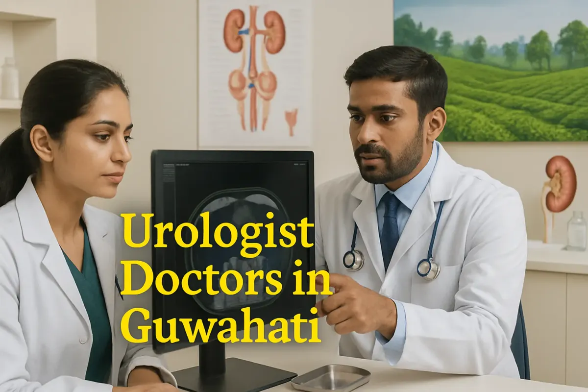 Two urologists in a Guwahati clinic reviewing a scan, with bold highlighted text “Urologist Doctors in Guwahati” in Lora font