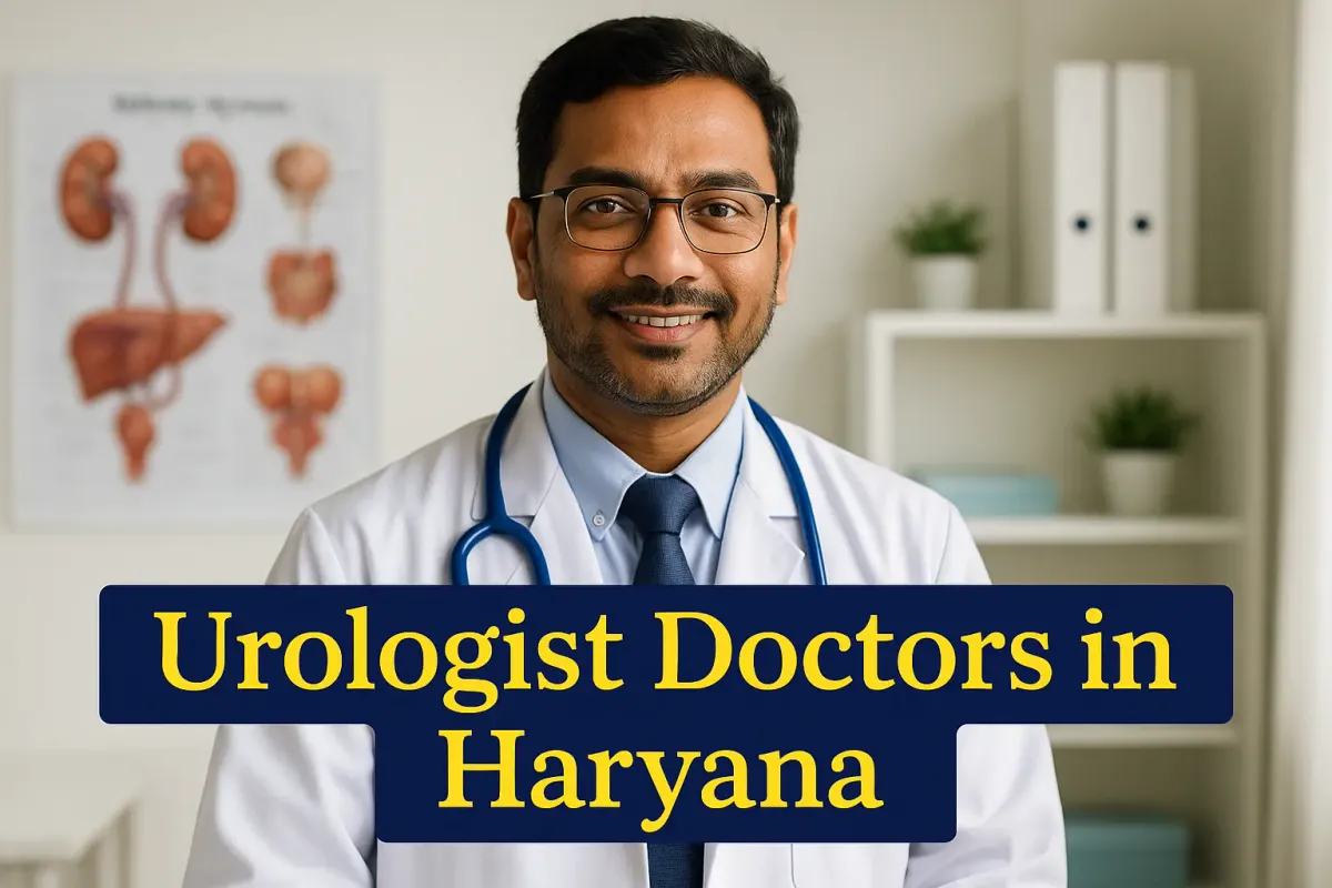 Indian urologist doctor in Haryana smiling in a clinic with anatomical chart in background.