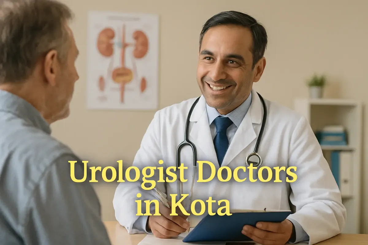 "Urologist doctor in Kota clinic consulting male patient with clipboard and anatomical poster in background"