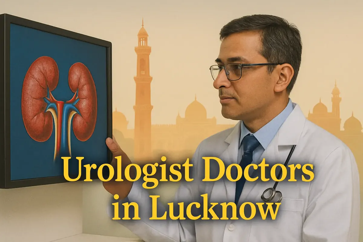 Urologist in Lucknow clinic viewing kidney scan, with “Urologist Doctors in Lucknow” in bold Lora font