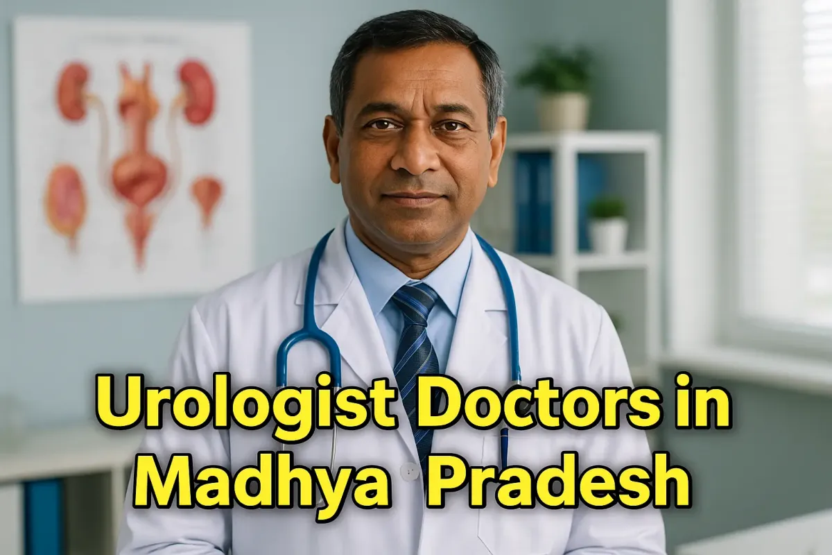 Middle-aged male urologist in clinic with "Urologist Doctors in Madhya Pradesh" text in bold shadowed font.