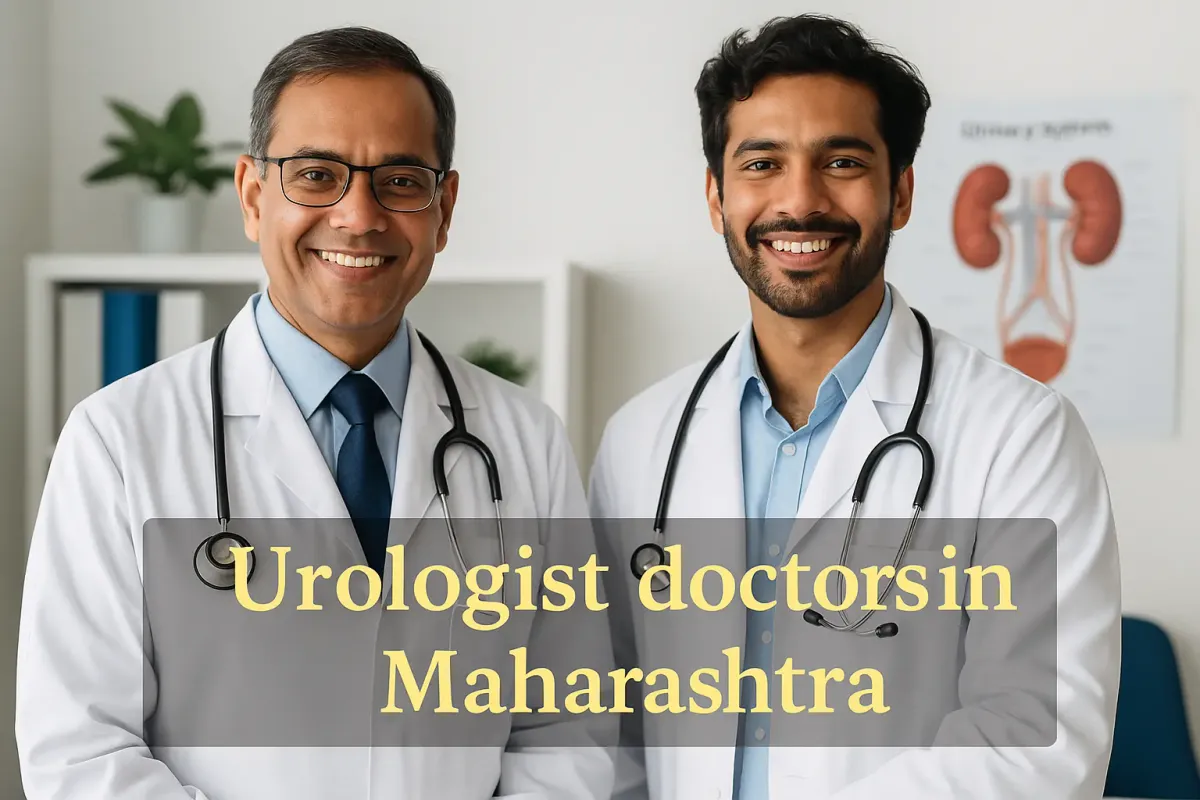 Two urologist doctors in Maharashtra smiling confidently in a clinic with a urinary system chart in the background.