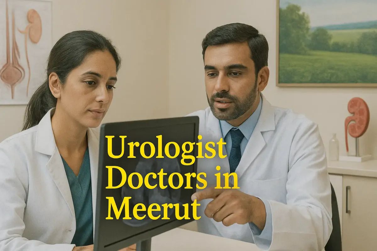 Two urologists in a modern Meerut clinic reviewing a digital scan with bold text “Urologist Doctors in Meerut” in Lora font.