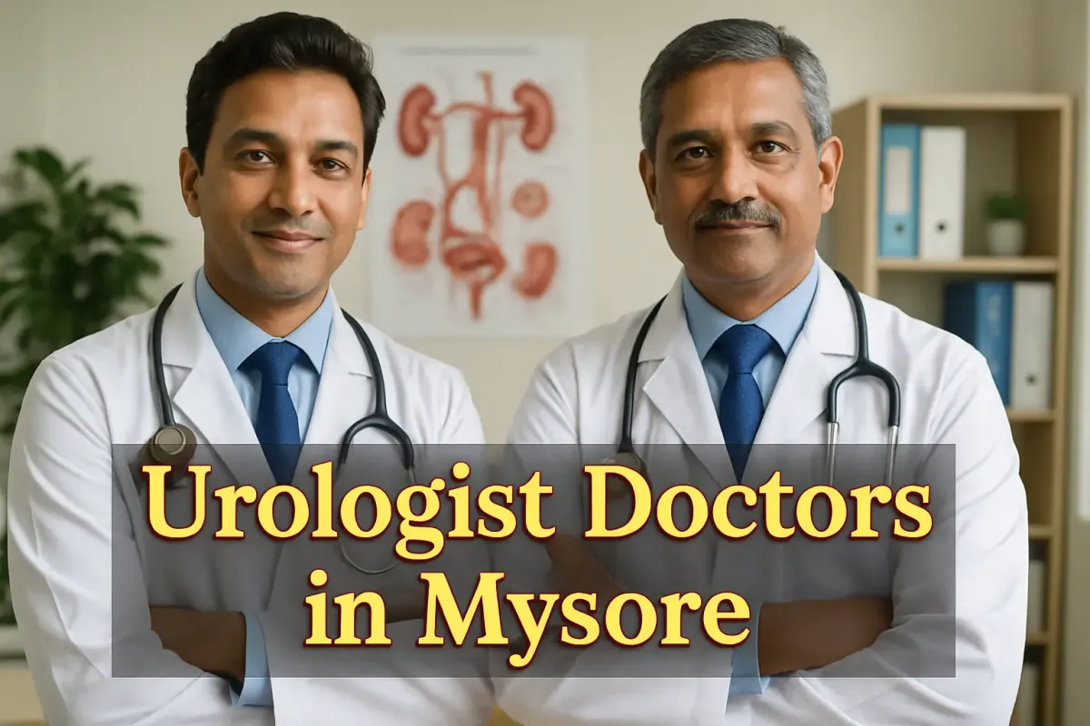 Two professional urologist doctors in Mysore standing in a clinic, smiling confidently with medical charts in the background.