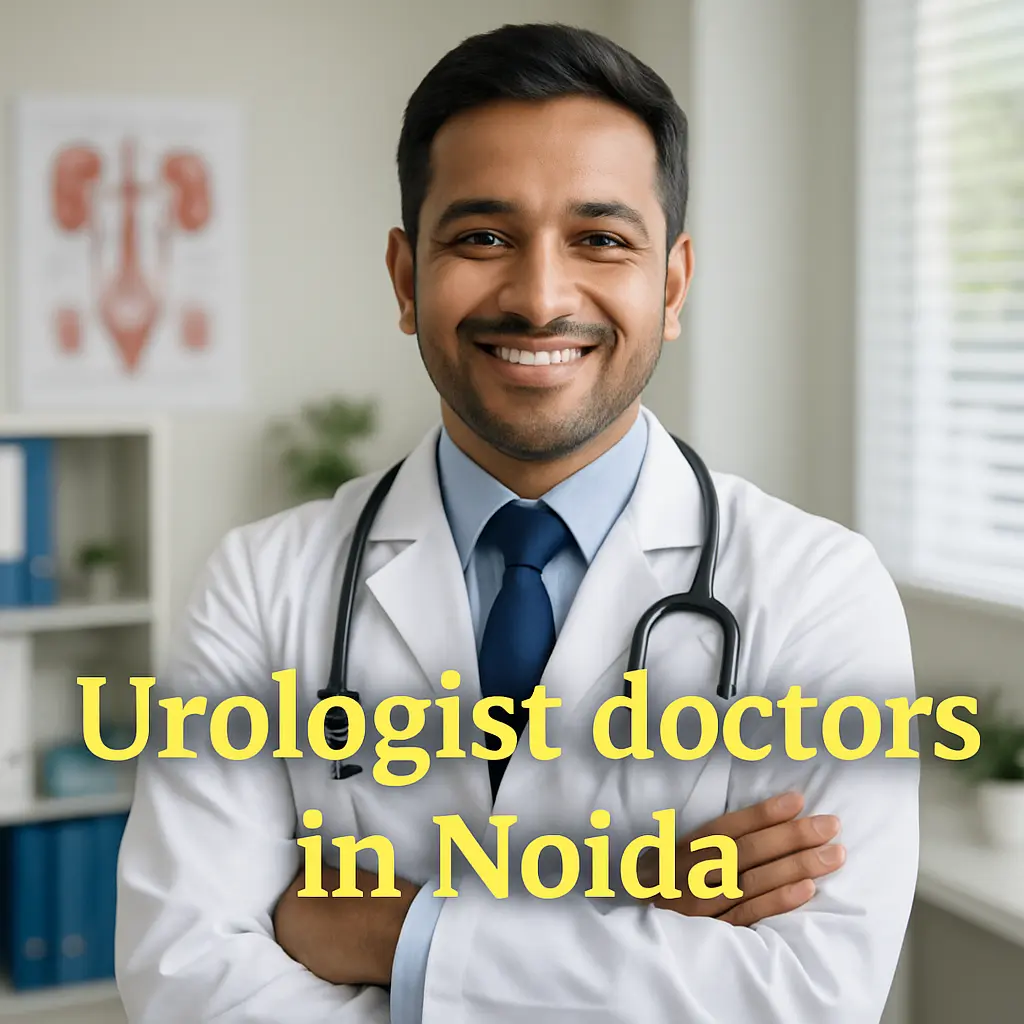 "Urologist doctor in Noida smiling in clinic with medical chart and stethoscope"