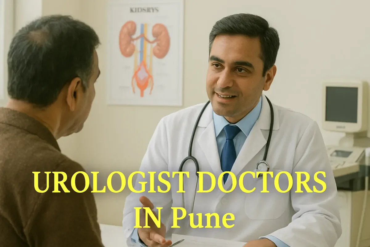 Indian urologist consulting patient in Pune clinic with kidney posters and bold highlighted title overlay.