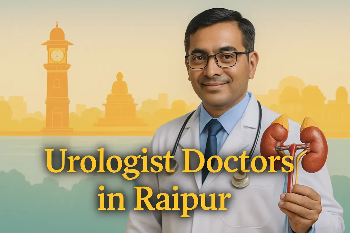 Urologist doctor in Raipur holding kidney model with “Urologist Doctors in Raipur” text in Lora font