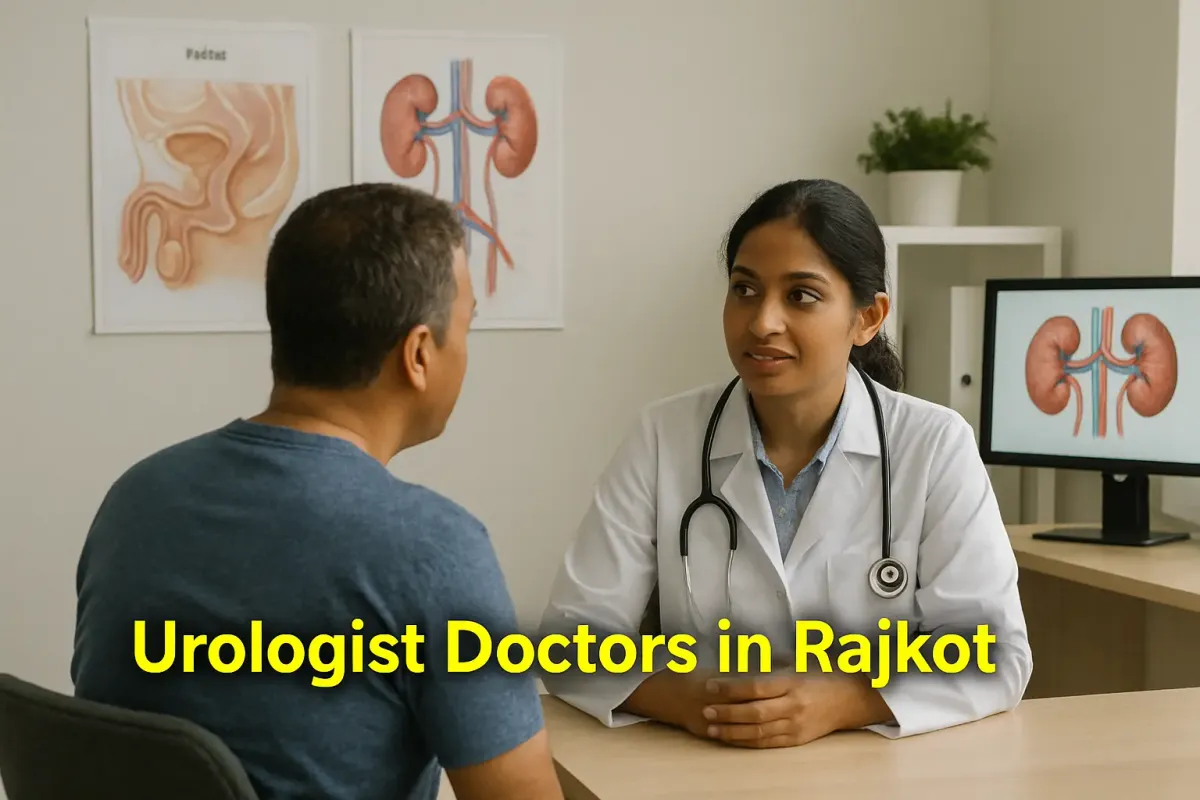 Urologist doctor in Rajkot consulting male patient in clinic with kidney charts and highlighted “Urologist Doctors in Rajkot"