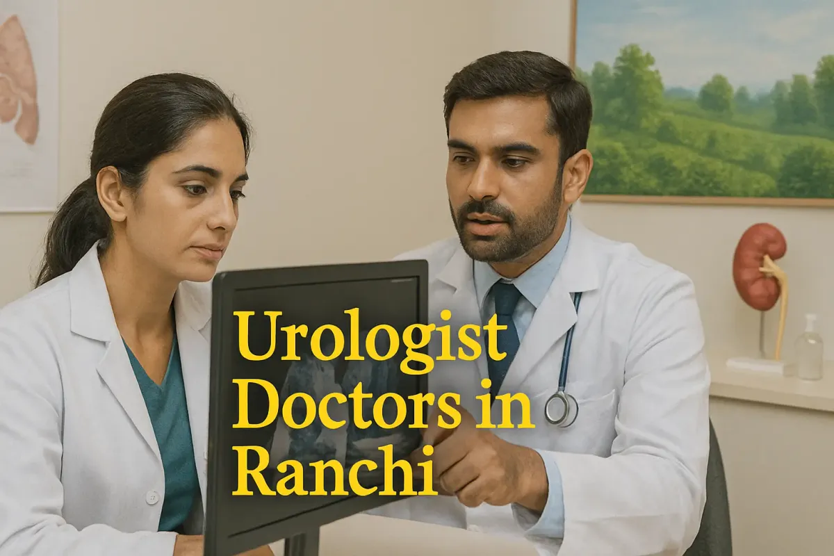 Two urologists in a modern Ranchi clinic reviewing a digital scan with bold text “Urologist Doctors in Ranchi” in Lora font.