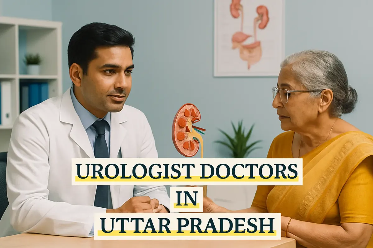 Urologist doctor in Uttar Pradesh consulting elderly female patient with kidney model and bold Lora-font text on screen.