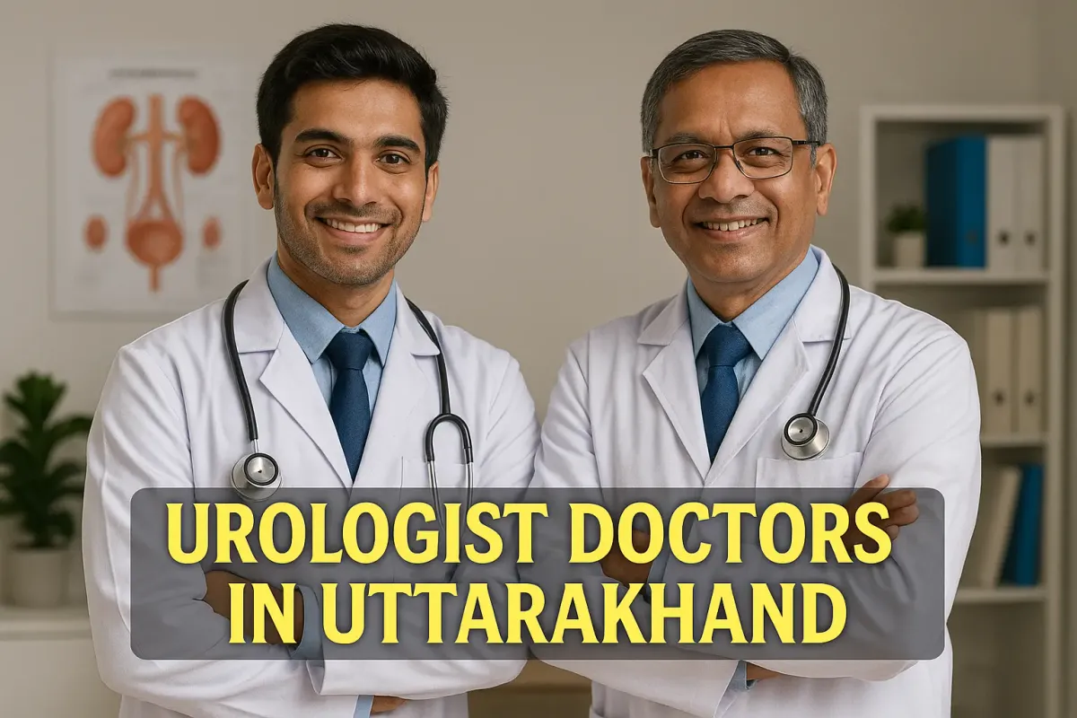 A digital photograph features two urologist doctors in Uttarakhand smiling confidently inside a modern medical clinic.