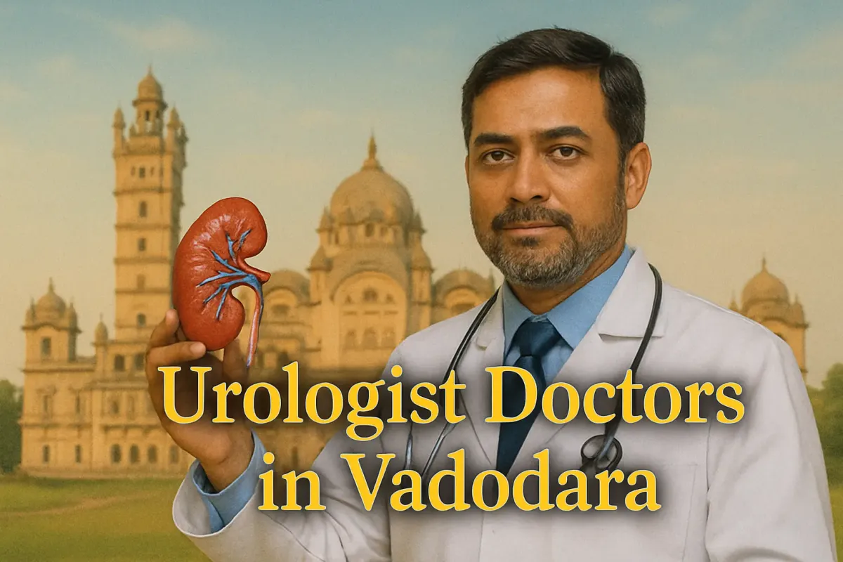Urologist doctor in Vadodara analyzing kidney scan with bold Lora font text