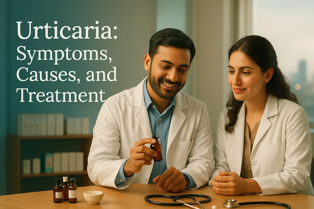 Two homeopathy doctors in a clinic discussing urticaria treatment, with remedy bottles and a warm setting.