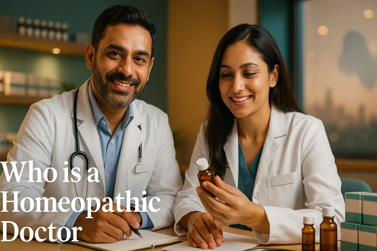 Two homeopathy doctors in a clinic, smiling and reviewing a remedy bottle with warm lighting and remedies on the table.
